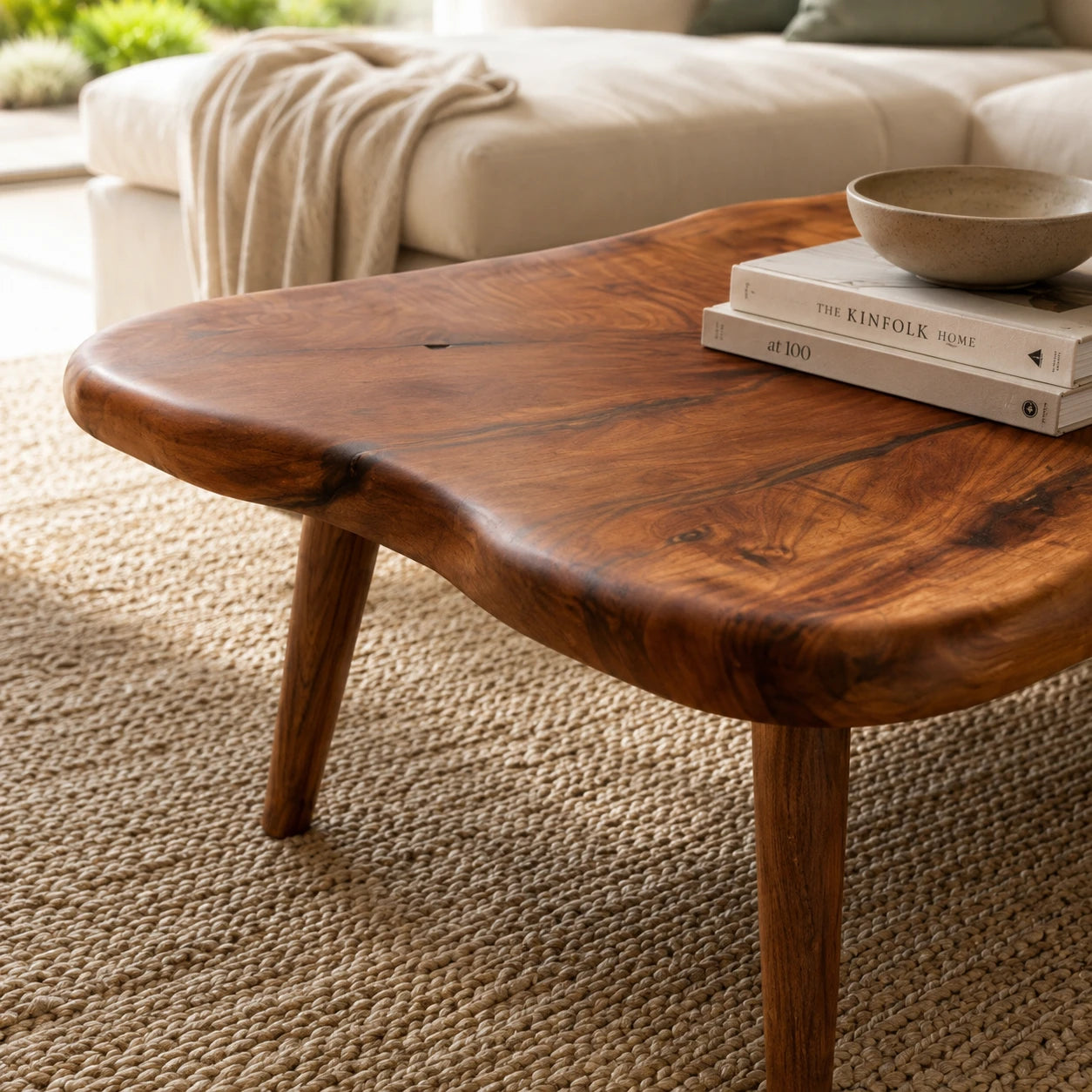 Organic shape coffee table featuring a solid wood top and soft irregular edge detailing