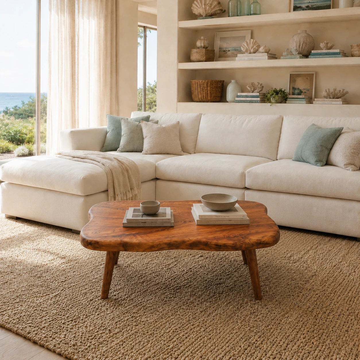 Designer coffee table with freeform curves and a handcrafted solid wood surface for homes
