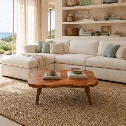 Designer coffee table with freeform curves and a handcrafted solid wood surface for homes