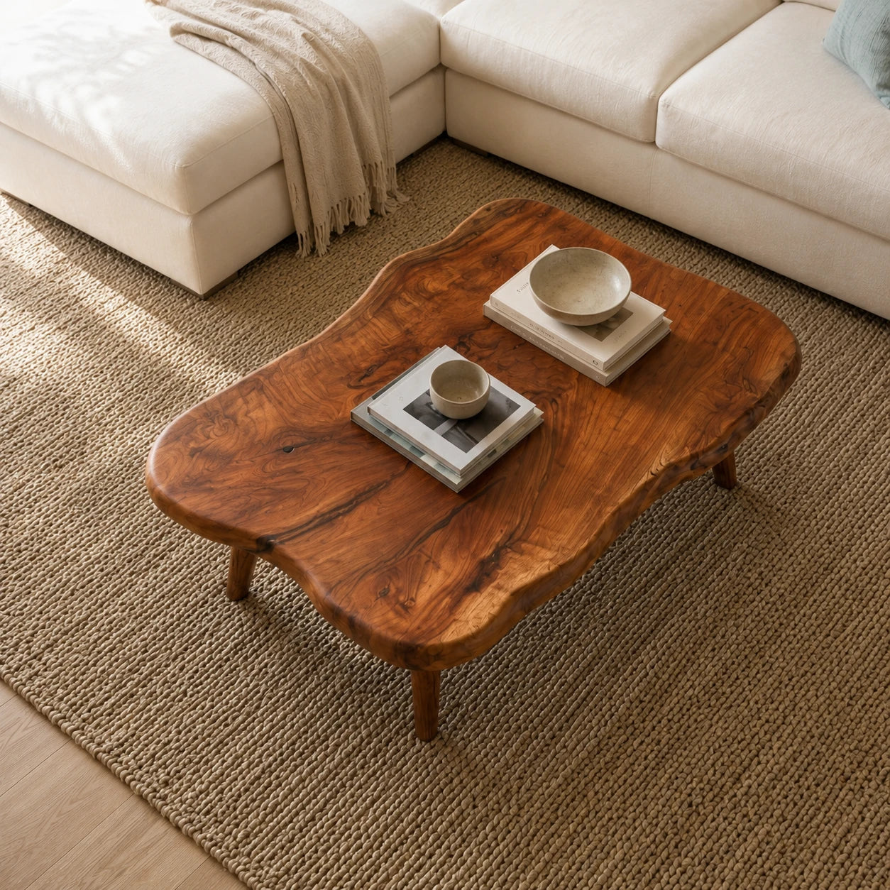 Modern coffee table with a freeform top and handcrafted solid wood legs for airy spaces