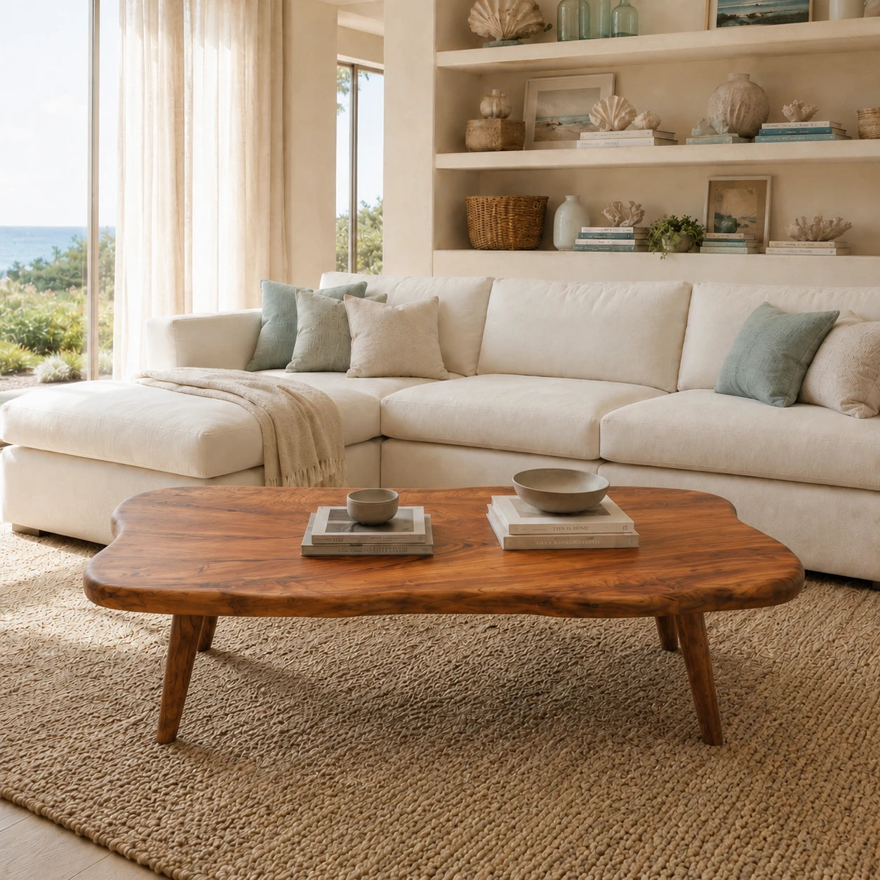 Contemporary coffee table with rounded organic edges and solid wood craft for modern homes