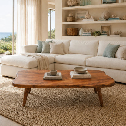 Contemporary coffee table with rounded organic edges and solid wood craft for modern homes