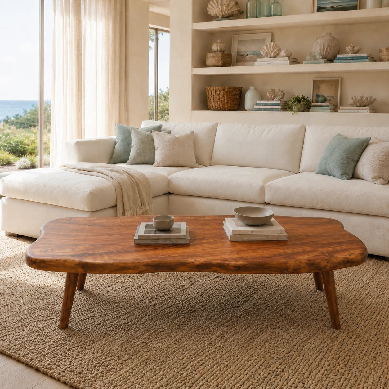 Premium coffee table with sculpted contours and tapered legs in a sunlit coastal interior