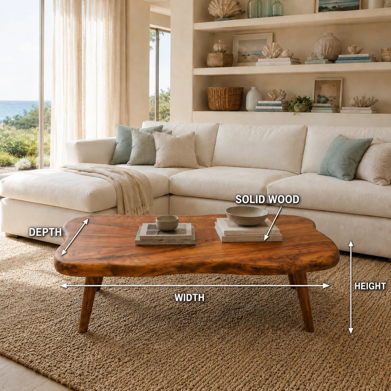 Rustic modern coffee table with a natural edge top and tapered solid wood legs for lounges
