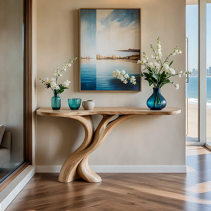 Modern oak console table with flowing sculptural base