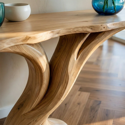 Contemporary oak console table with curved base