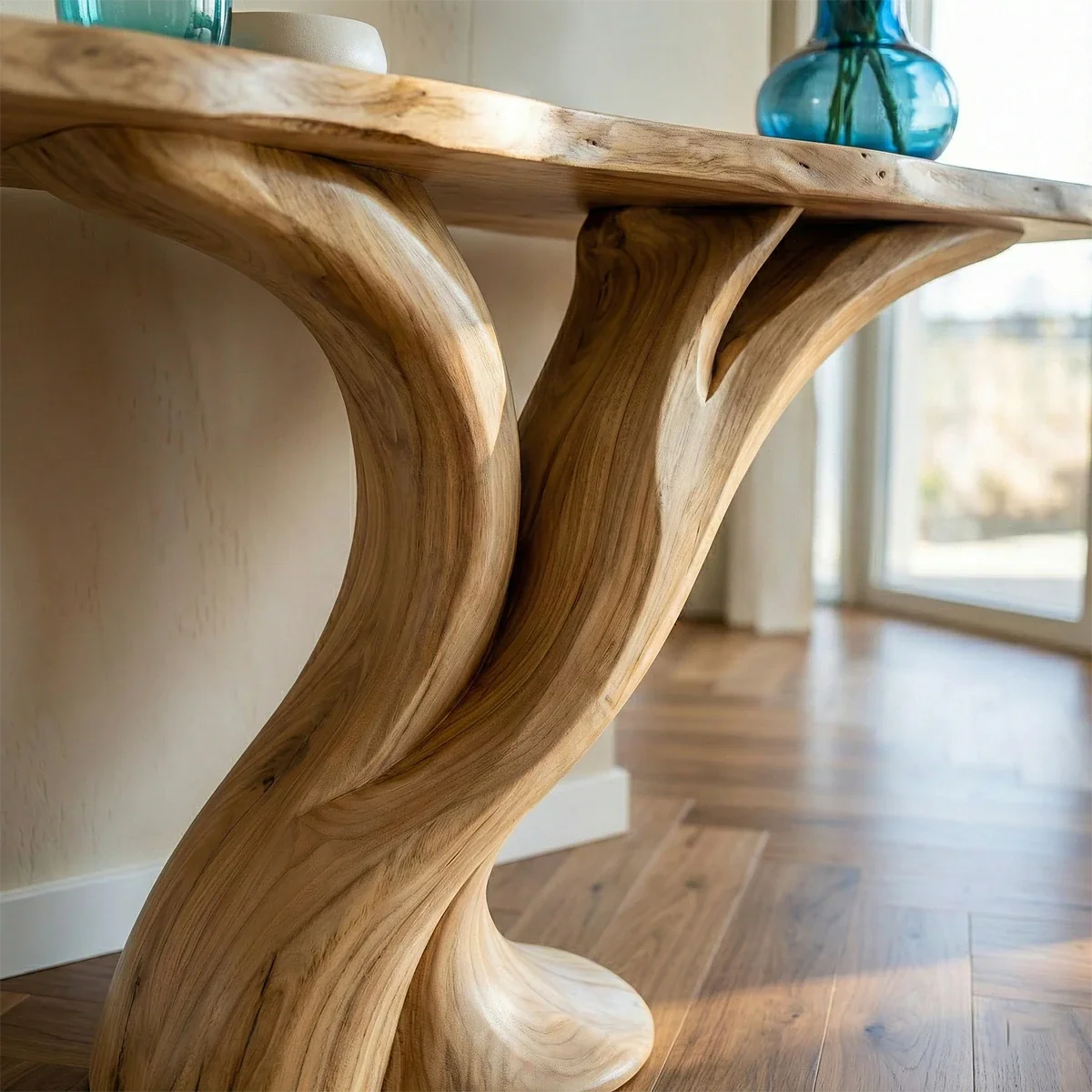 Sculptural oak console table with flowing pedestal
