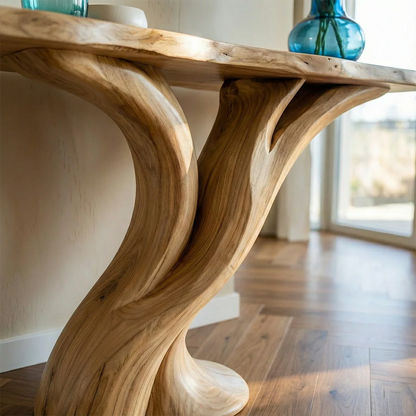Sculptural oak console table with flowing pedestal