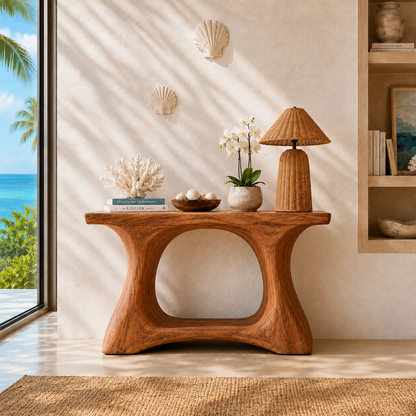 Luxury foyer table with an open pedestal base and generous top for decor display