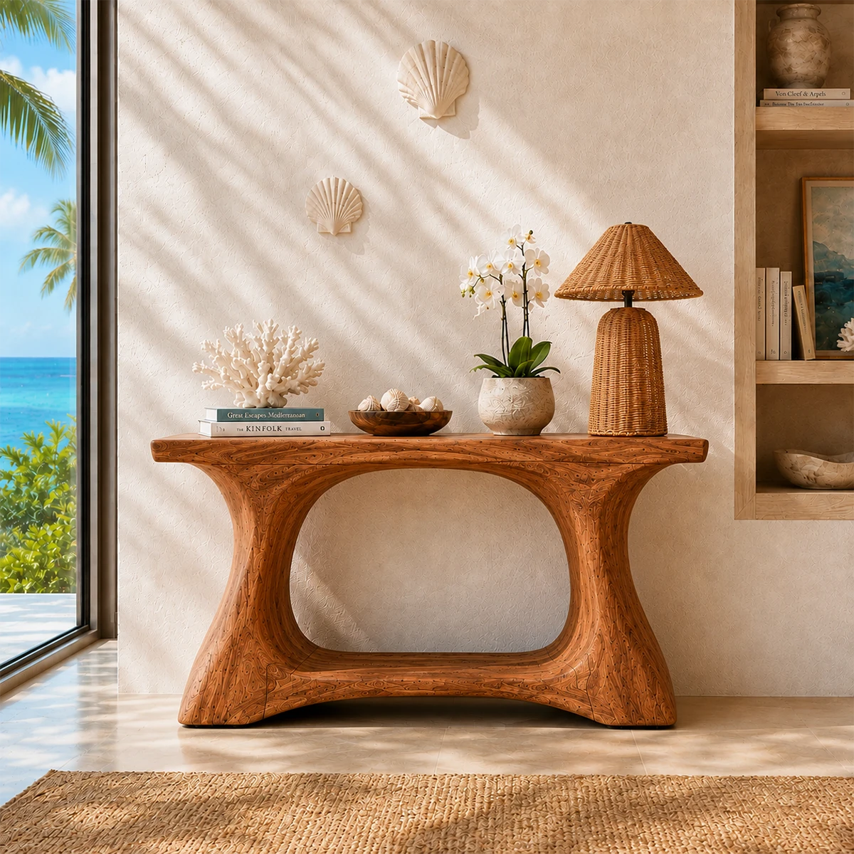 Contemporary console table showcases a rounded cutout silhouette in airy interiors