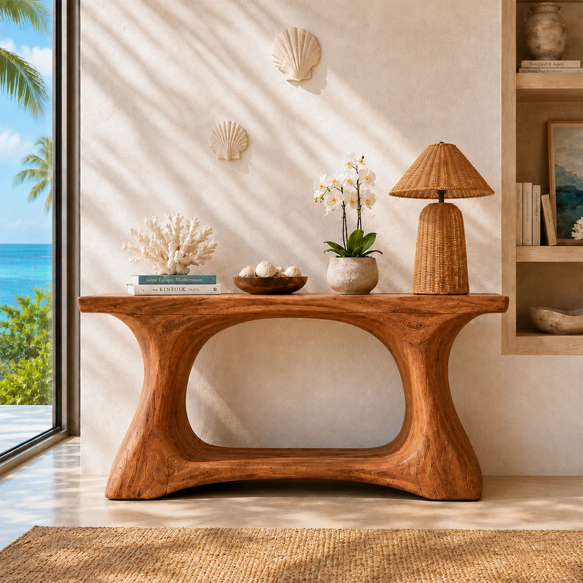Wood tone console table with flowing structure and a coastal inspired profile indoors