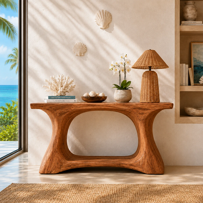 Sculptural console table with an open cutout base in a bright coastal interior setting