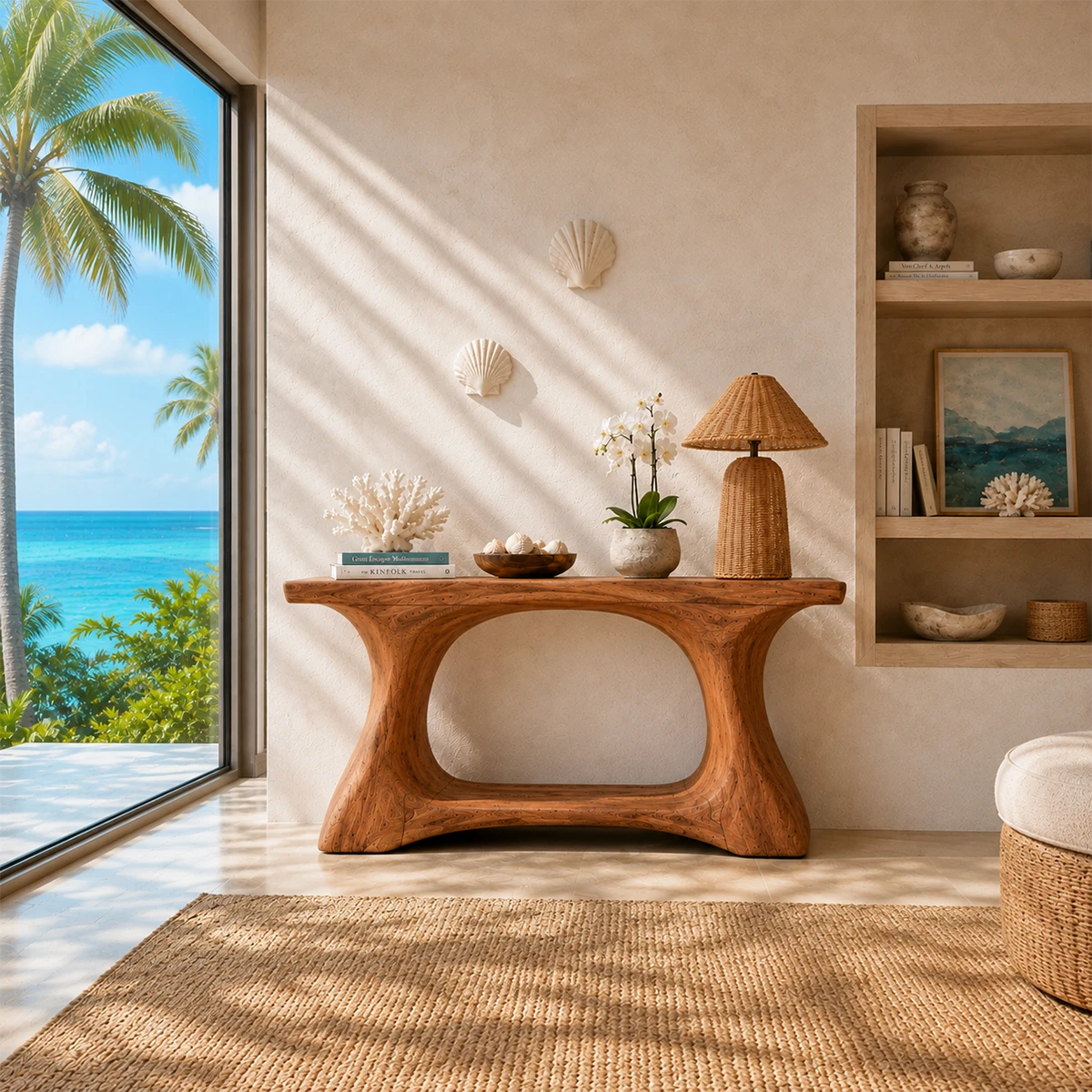 Organic modern console table styled with seaside decor in a warm airy room setting