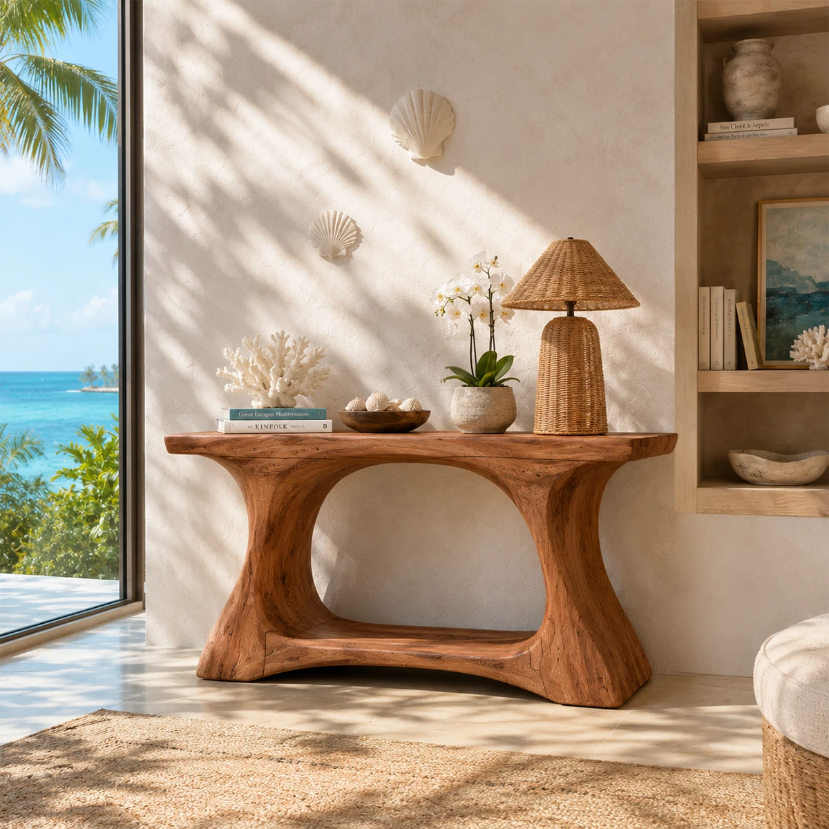 Entryway console table featuring rounded supports and a broad display surface indoors