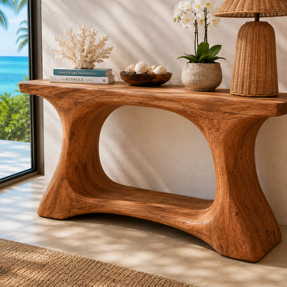 Designer hallway table showcases soft curves and a warm wood tone appearance indoors