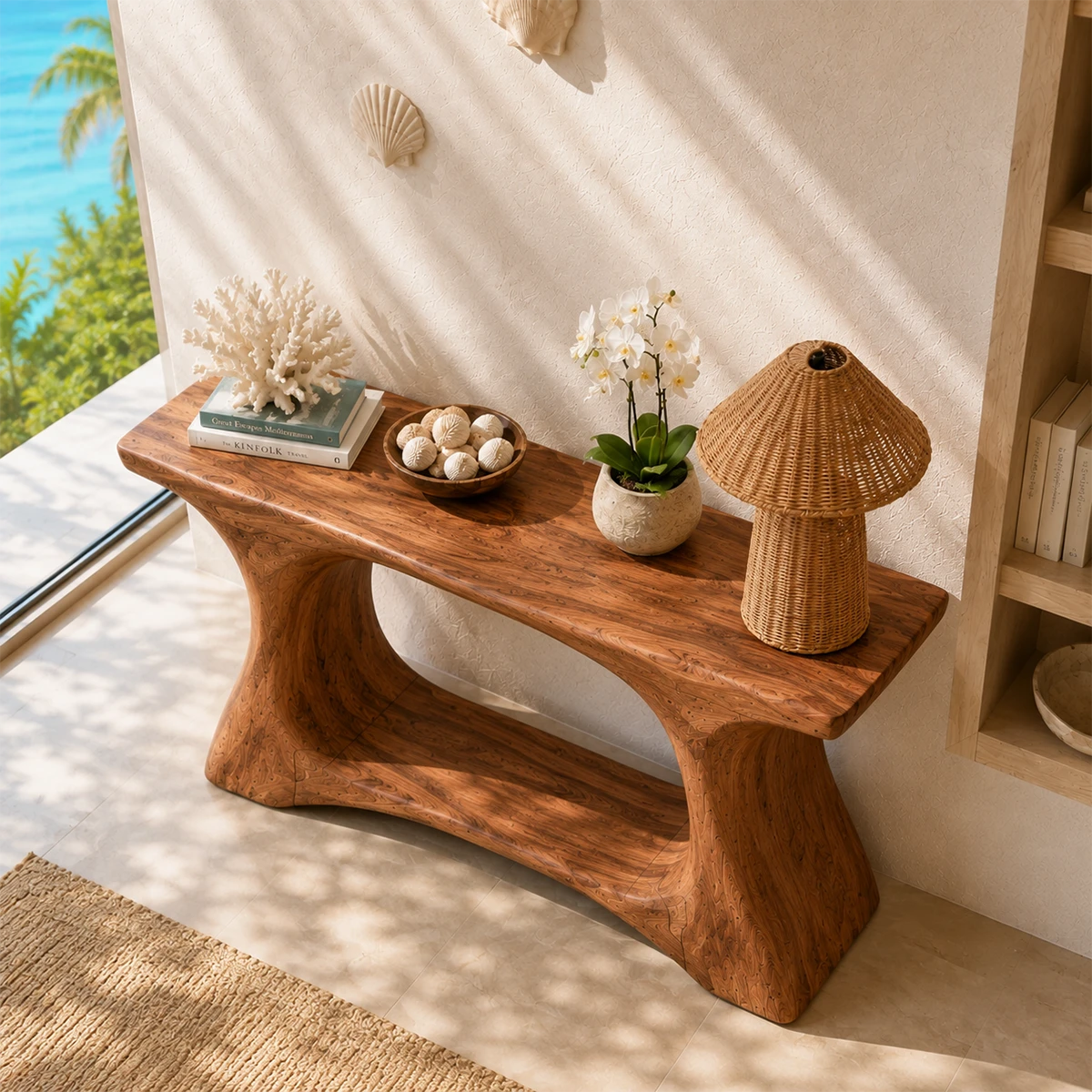 Narrow console table with a sculpted open base for refined foyer decor styling indoors