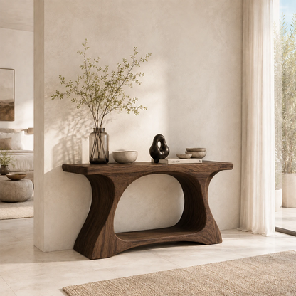 Artistic sofa table with smooth organic lines in a relaxed beach house living space