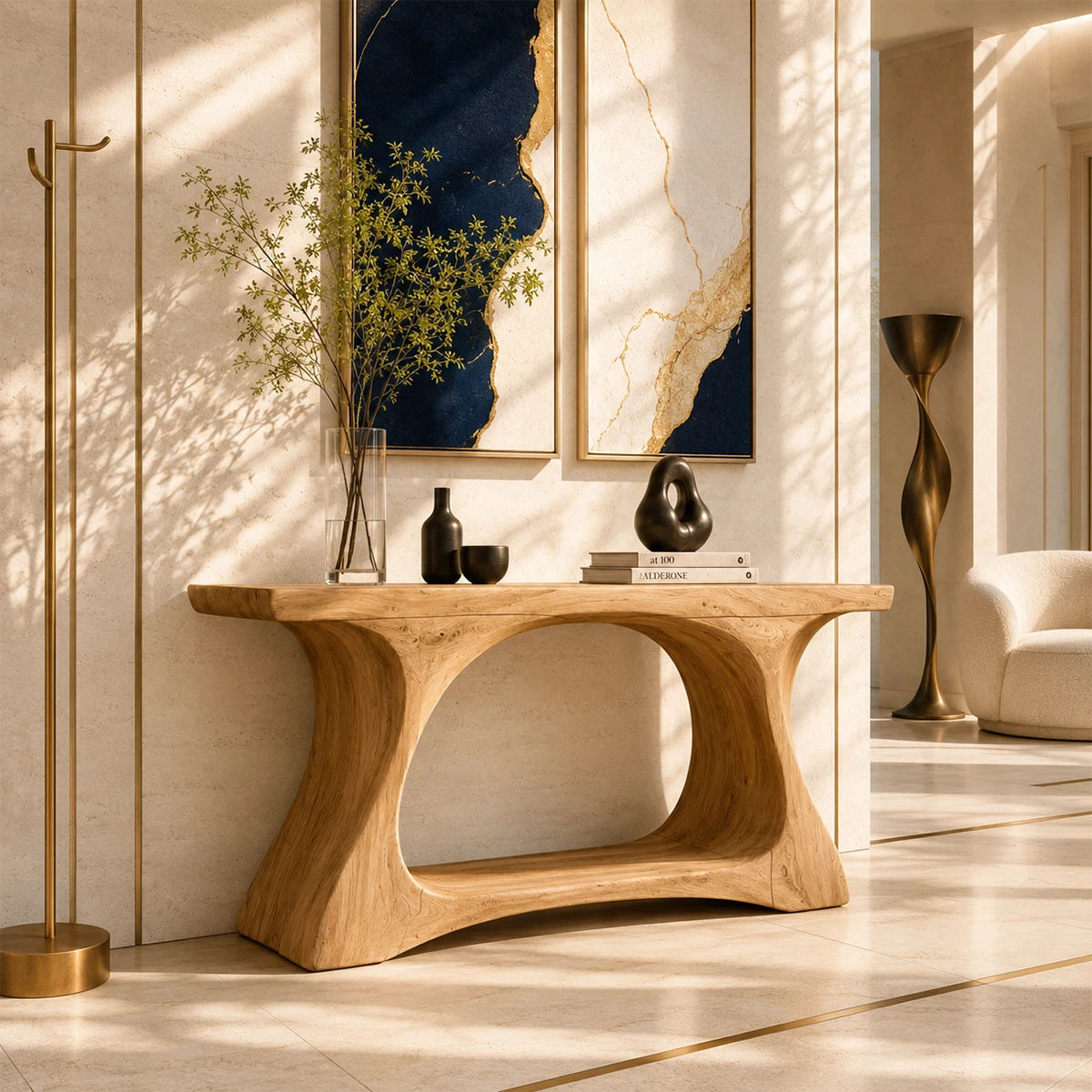 Modern accent console with an architectural frame and styled top near ocean views