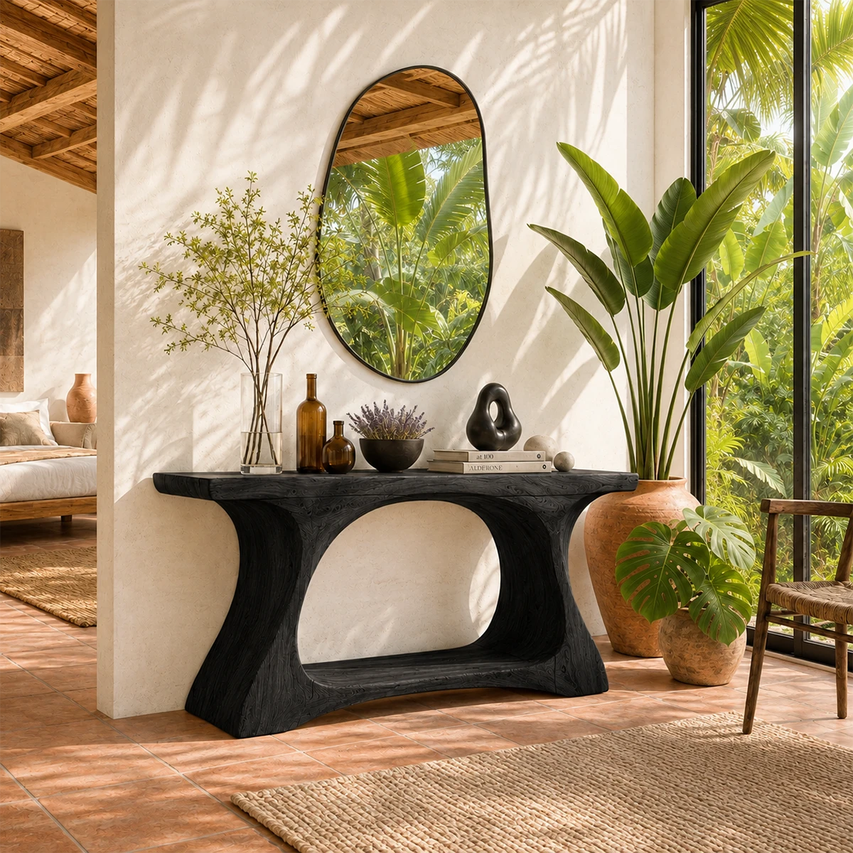 Curved console table displayed with coastal decor in a bright luxury room interior