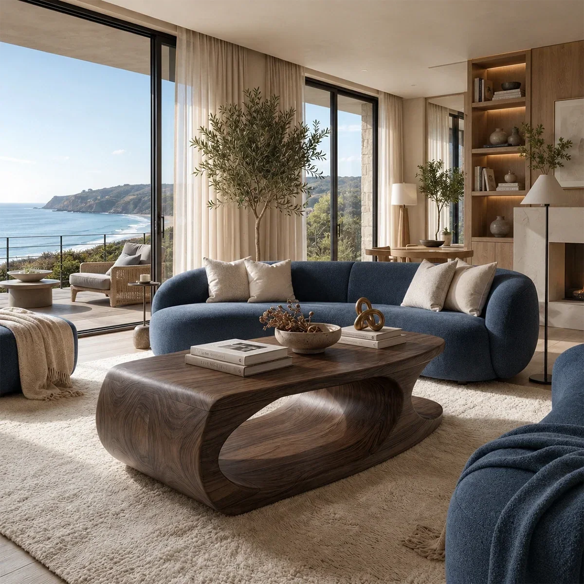 Sculptural coffee table with curved open base and rich solid wood grain in a coastal room