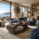 Sculptural coffee table with curved open base and rich solid wood grain in a coastal room