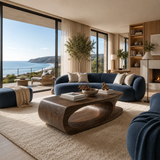 Modern coffee table with sculpted loop base and smooth solid wood top for living rooms