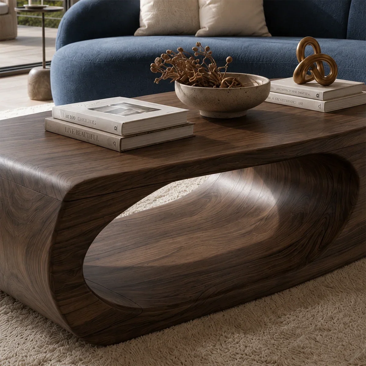 Living room coffee table with an organic silhouette and open solid wood support base