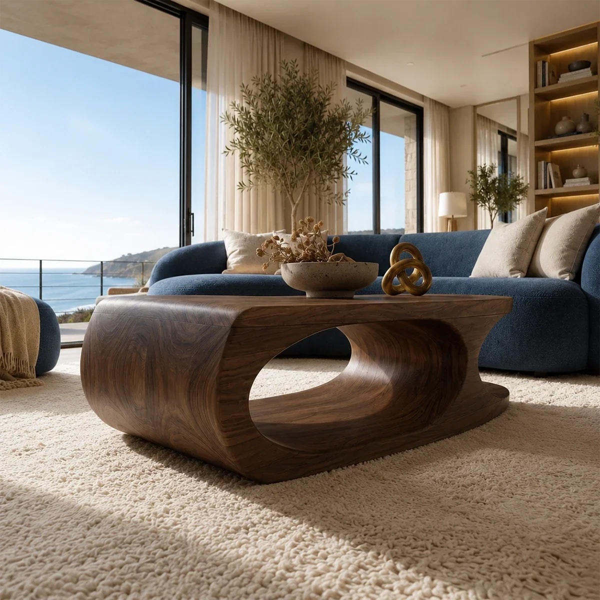 Designer coffee table featuring a flowing base and broad solid wood top surface