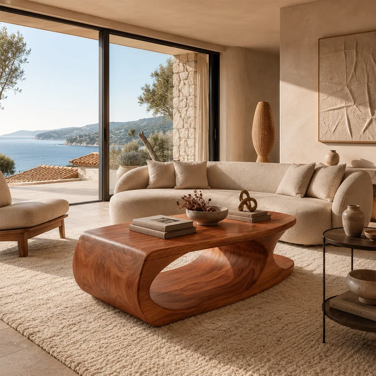 Artisan coffee table with rounded waterfall edges and open solid wood base detail