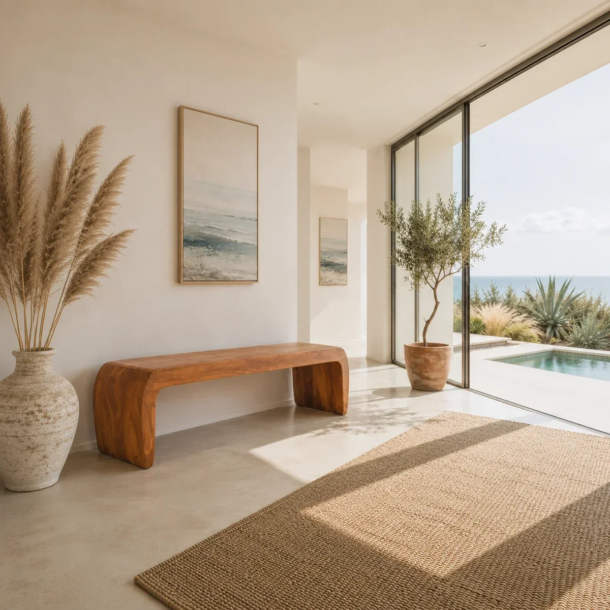 Modern wood bench with seamless curved legs and clean profile for minimalist interiors