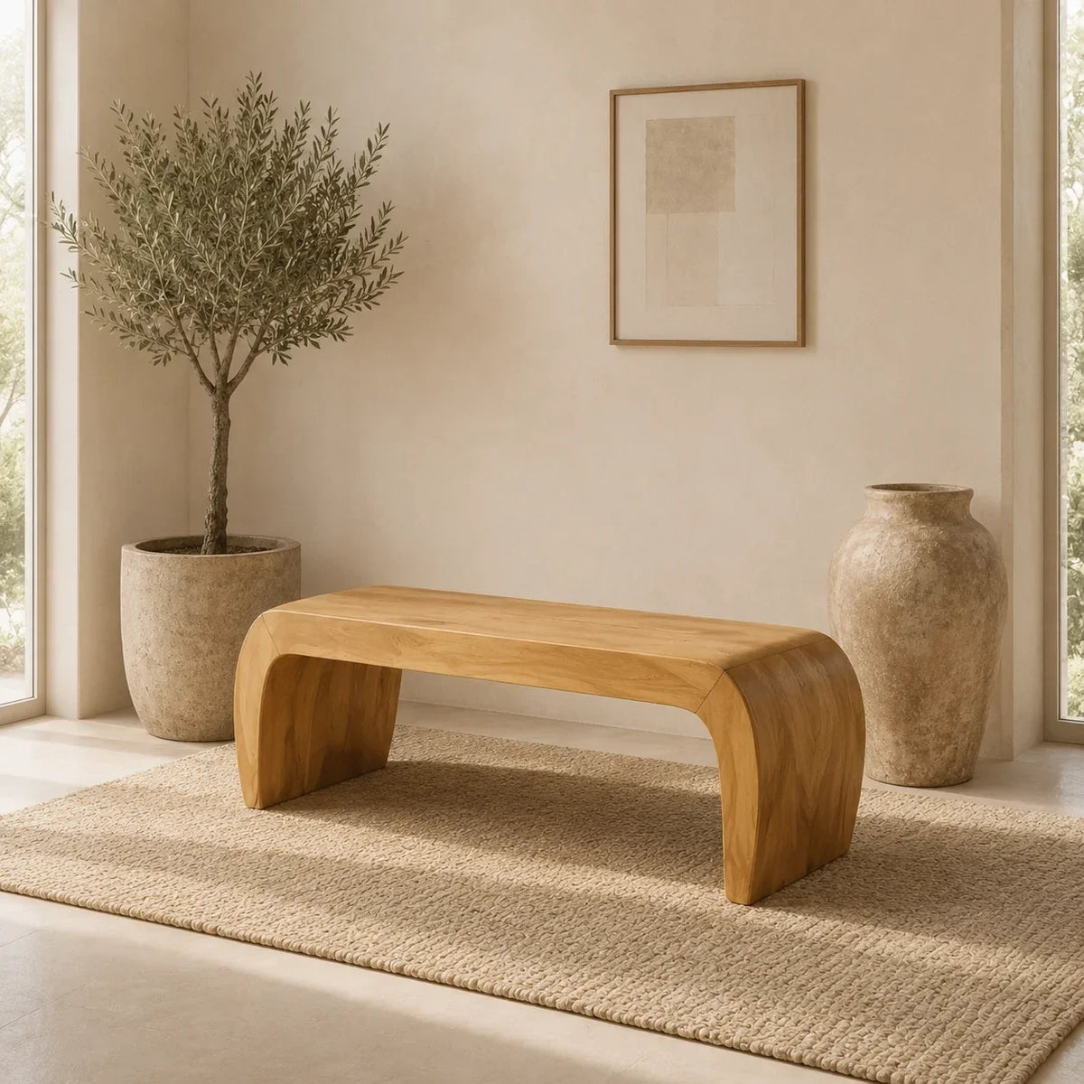 Contemporary bench with softened edges and monolithic solid wood shape for refined rooms
