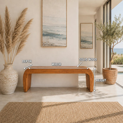 Statement bench with architectural curves and solid wood form for upscale entry spaces
