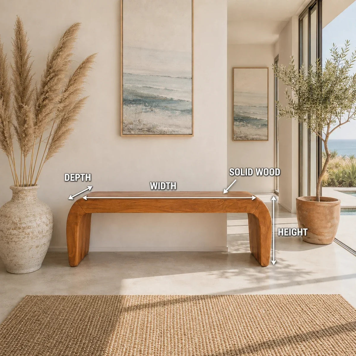 Statement bench with architectural curves and solid wood form for upscale entry spaces