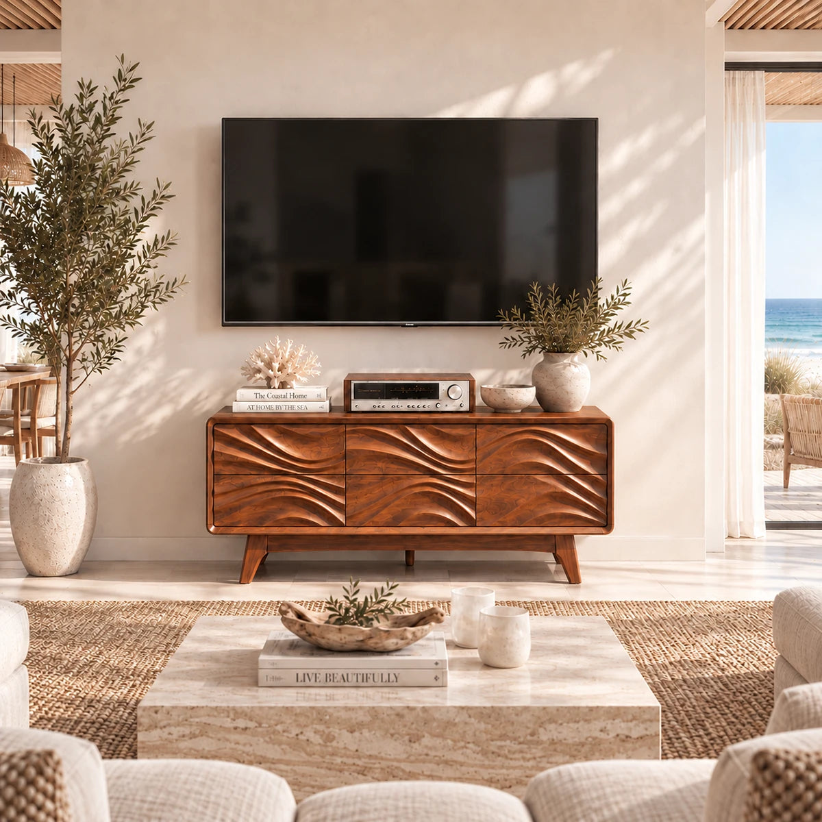 Coastal TV media stand with carved wave fronts and concealed storage compartments