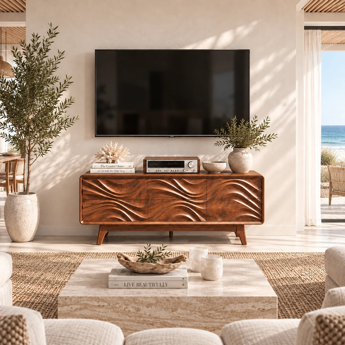 Designer entertainment console with sculpted door fronts and a soft rounded frame