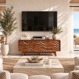 Designer entertainment console with sculpted door fronts and a soft rounded frame