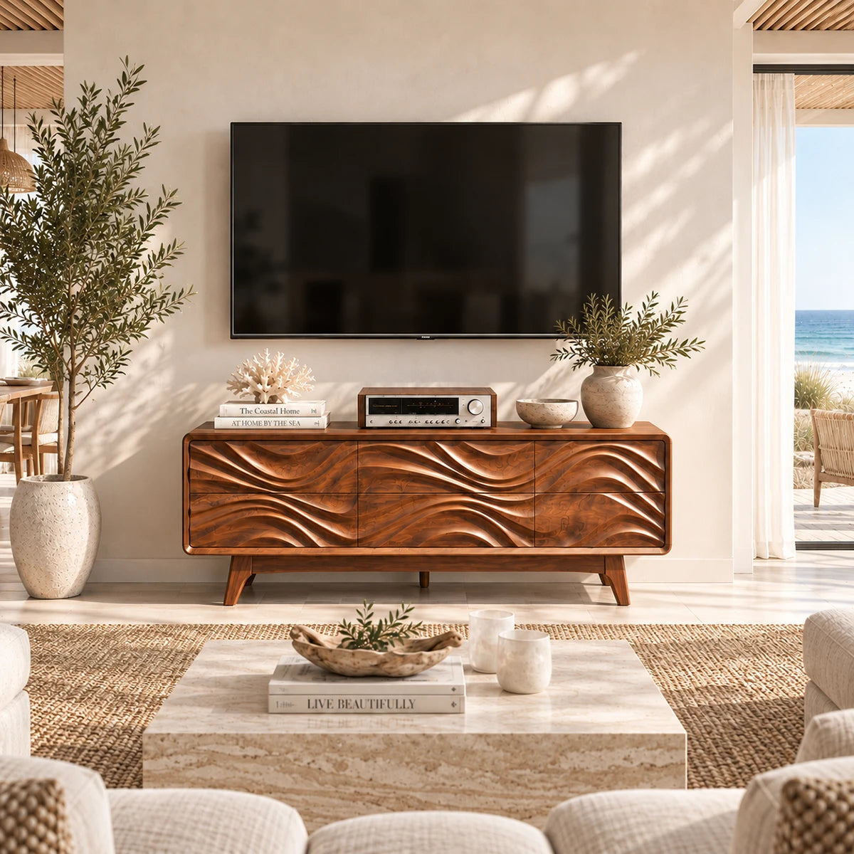 Curved edge TV cabinet with wave relief doors and stylish storage for electronics
