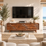 Natural solid wood TV stand with carved wave fronts for a bright coastal living room