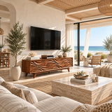 Modern media console in natural solid wood with sculpted waves and hidden storage