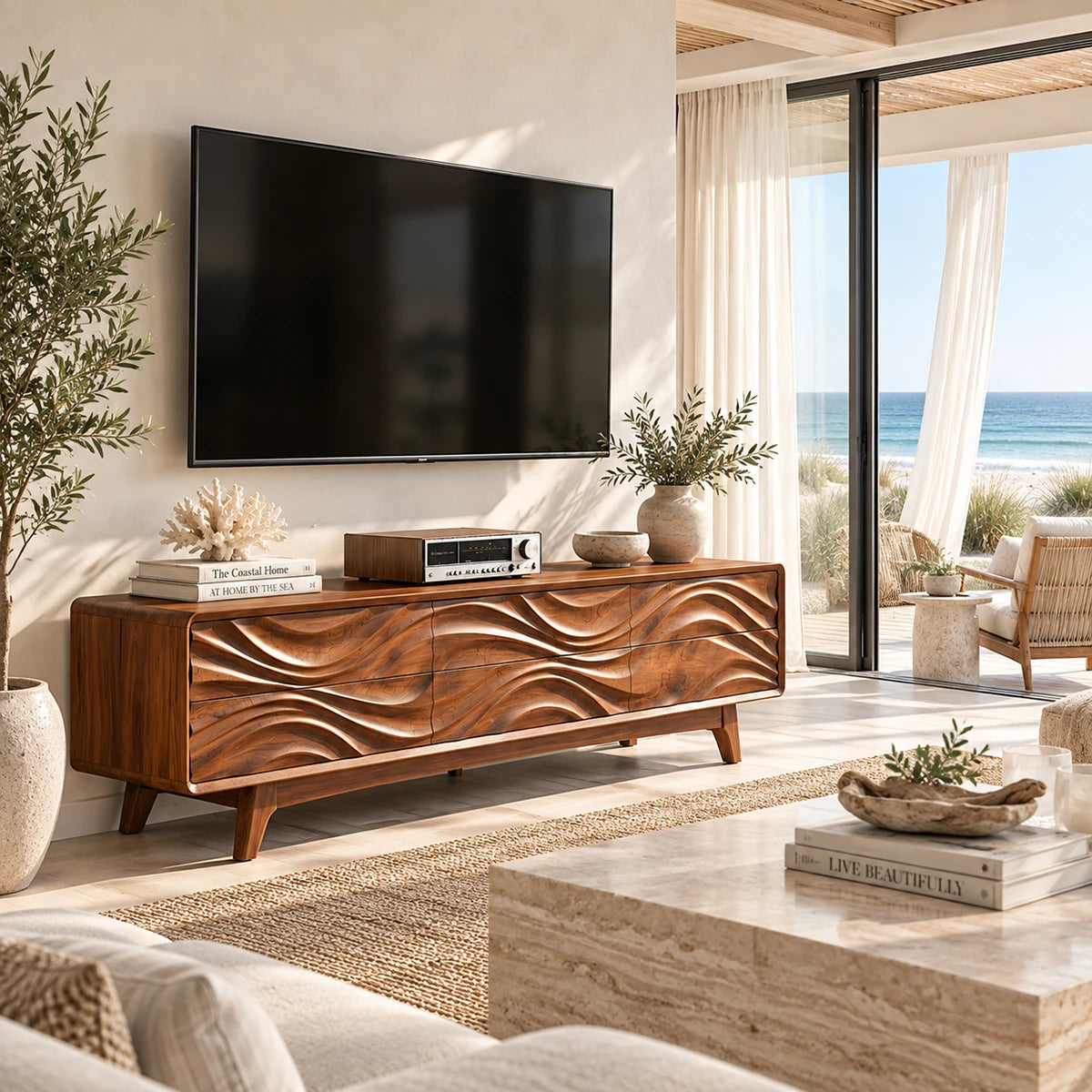 Low entertainment center with wave carved doors in natural solid wood design for homes