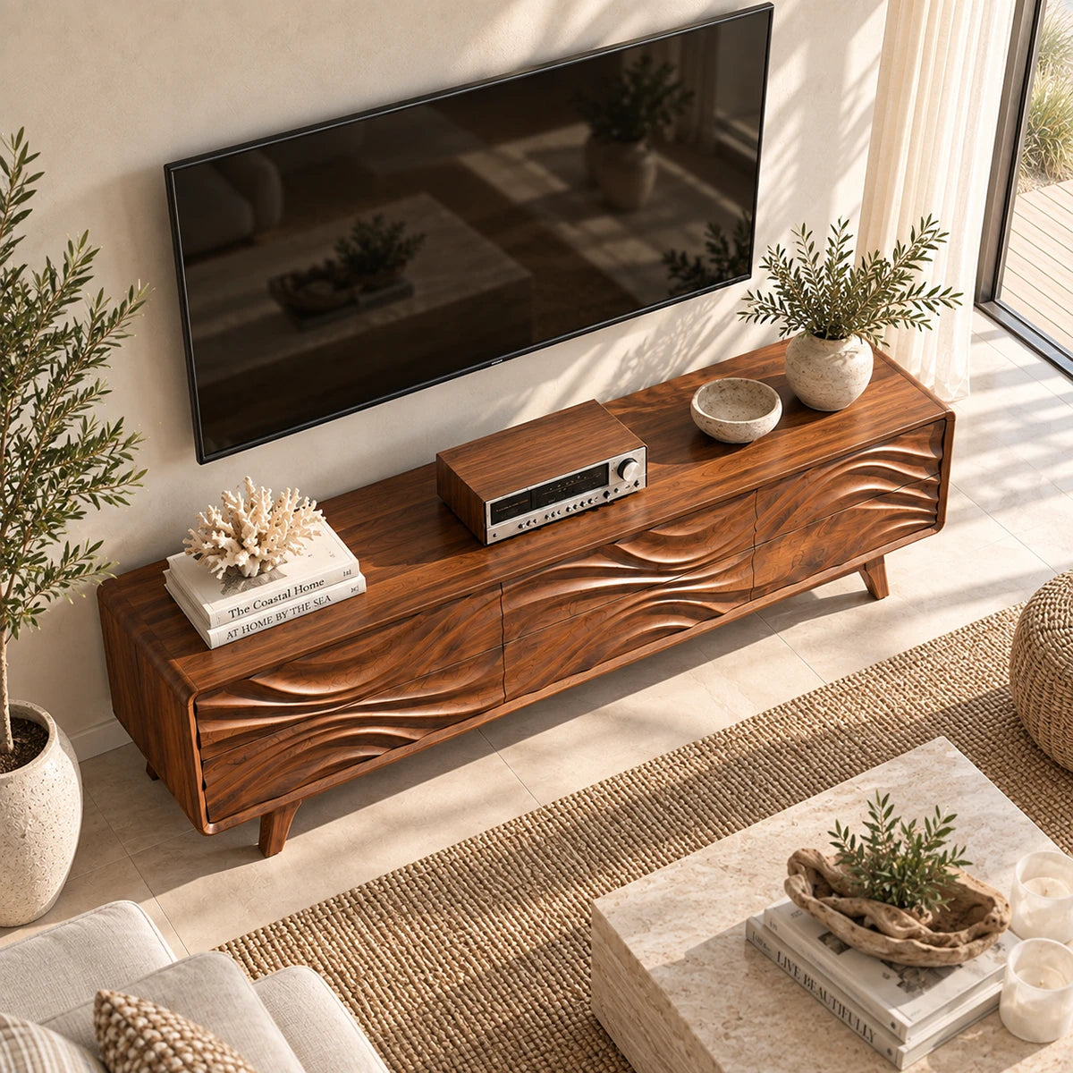Contemporary TV cabinet in natural solid wood with bold wave pattern panel design