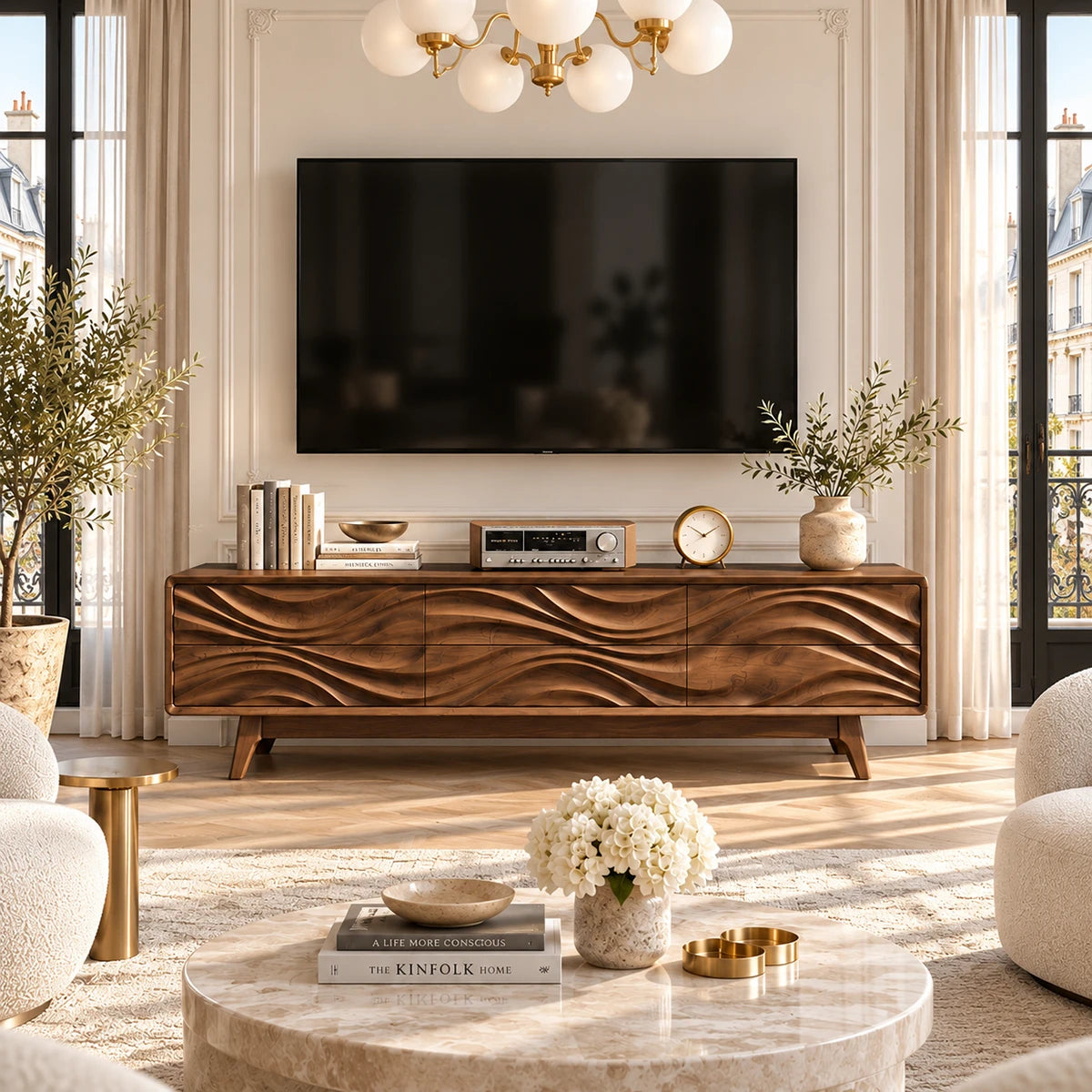 Elegant living room TV stand with sculpted wave doors and a streamlined profile