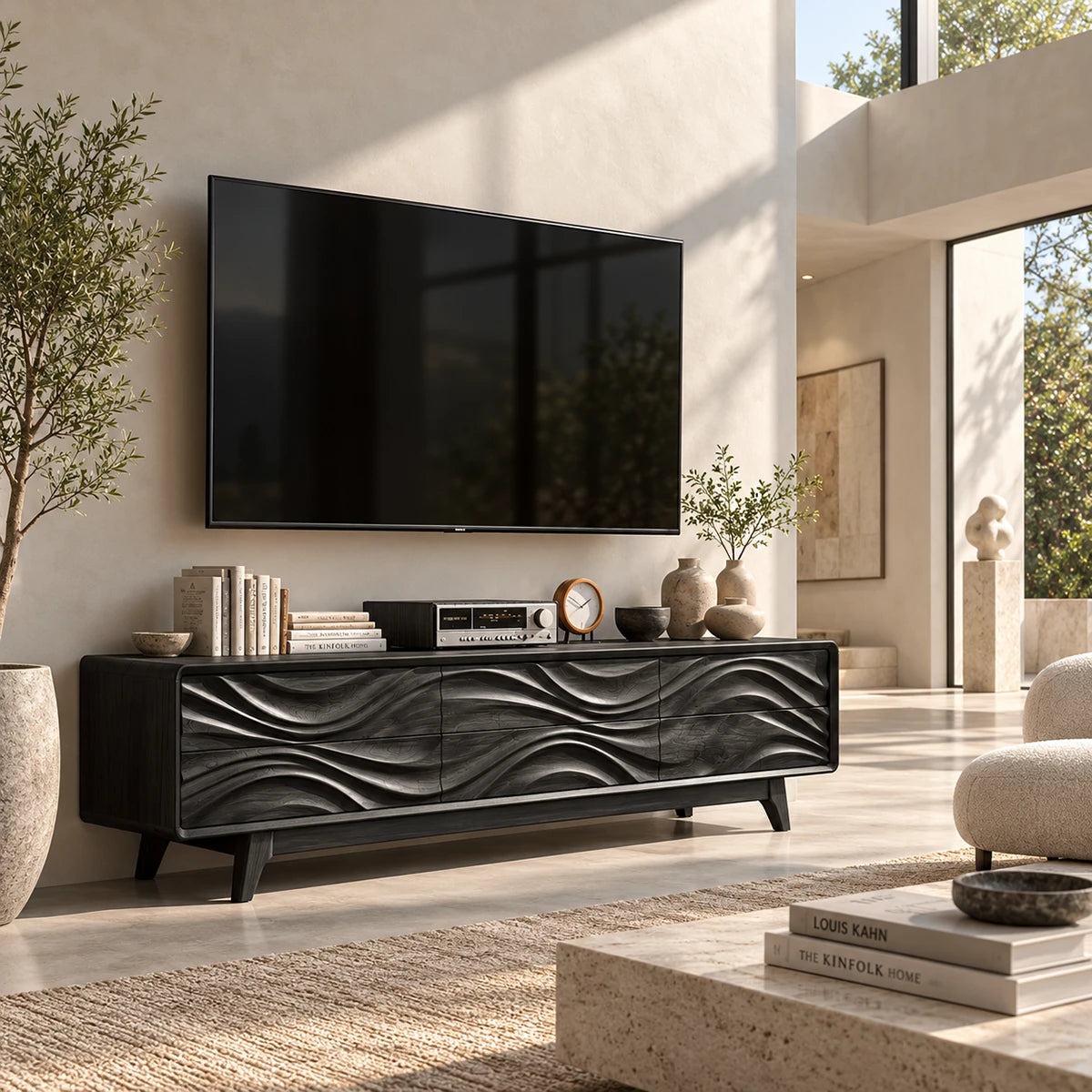 Refined TV storage console with organic wave relief and a warm modern silhouette