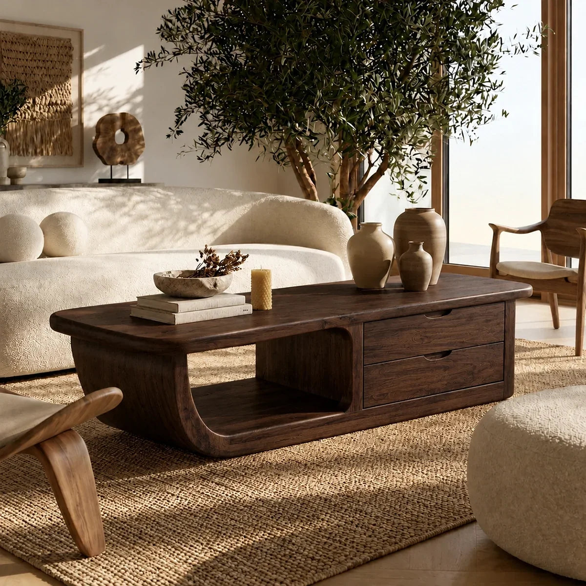 Coffee Table with Curved Loop Base and Two Storage Drawers in Natural Solid Wood - Arboriswood - 10