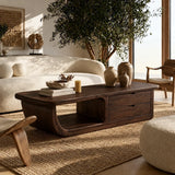 Coffee Table with Curved Loop Base and Two Storage Drawers in Natural Solid Wood - Arboriswood - 10