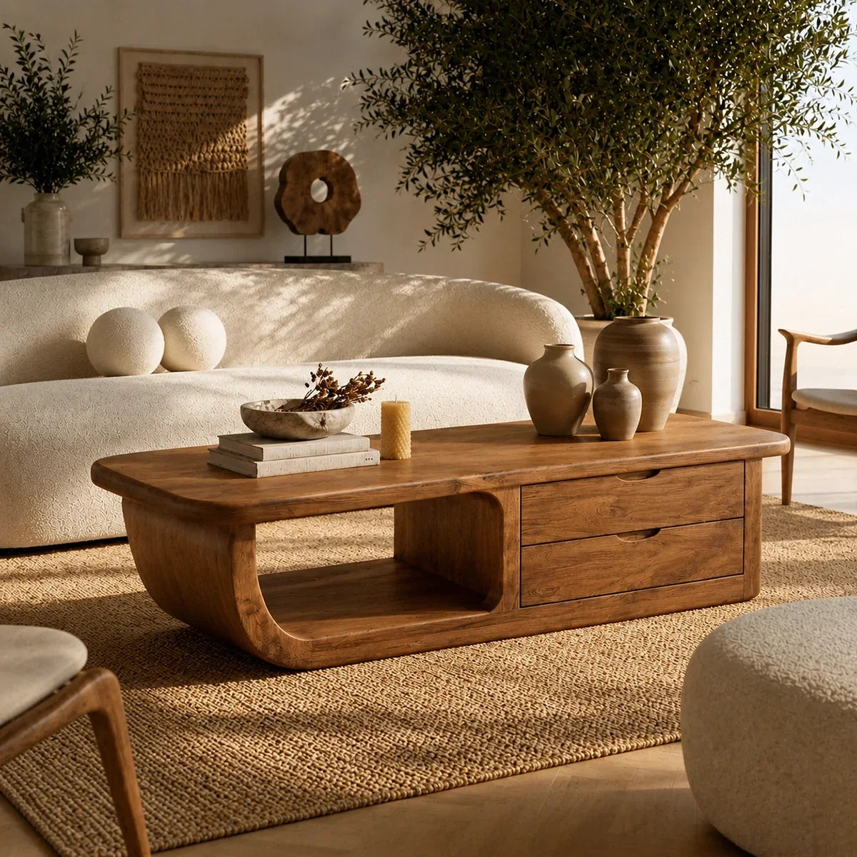 Coffee Table with Curved Loop Base and Two Storage Drawers in Natural Solid Wood - Arboriswood - 1