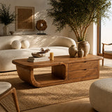 Coffee Table with Curved Loop Base and Two Storage Drawers in Natural Solid Wood - Arboriswood - 1