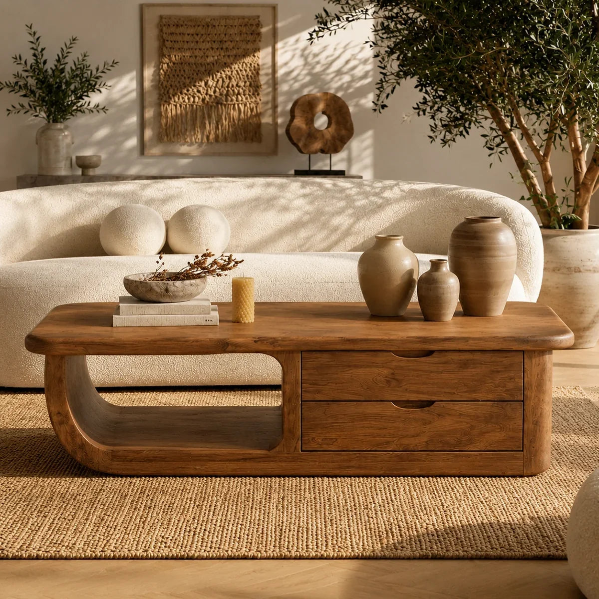 Coffee Table with Curved Loop Base and Two Storage Drawers in Natural Solid Wood - Arboriswood - 2
