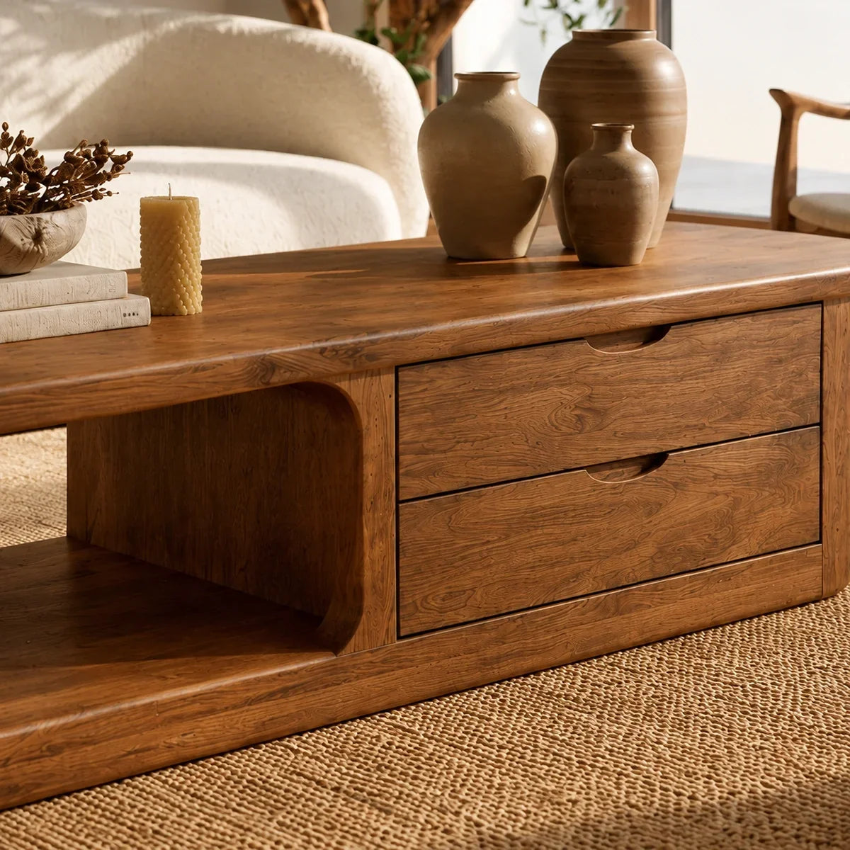 Coffee Table with Curved Loop Base and Two Storage Drawers in Natural Solid Wood - Arboriswood - 3