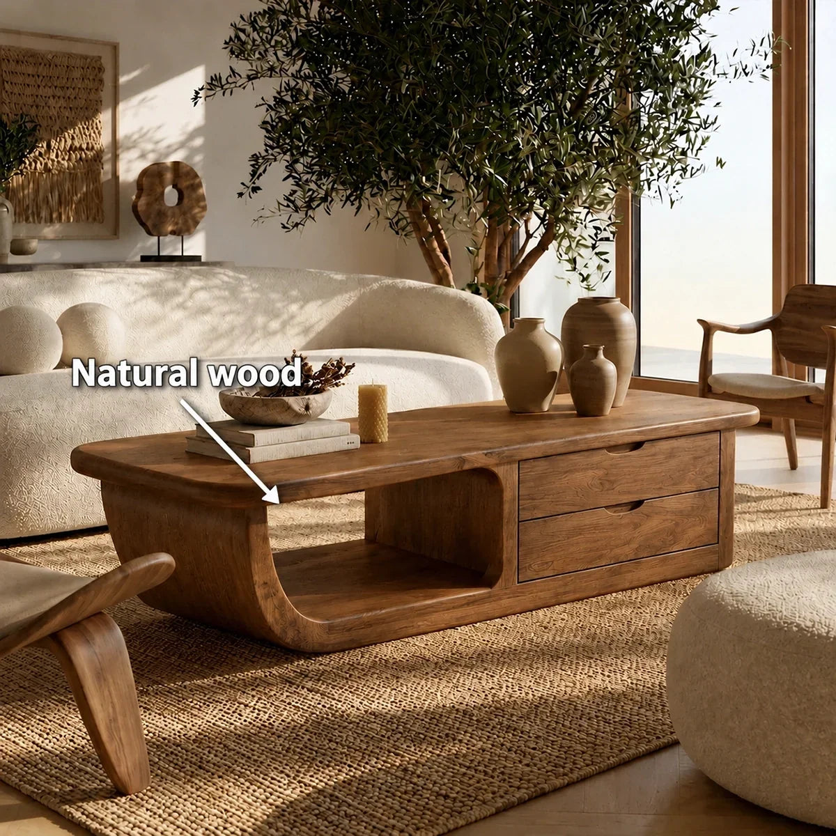 Coffee Table with Curved Loop Base and Two Storage Drawers in Natural Solid Wood - Arboriswood - 5